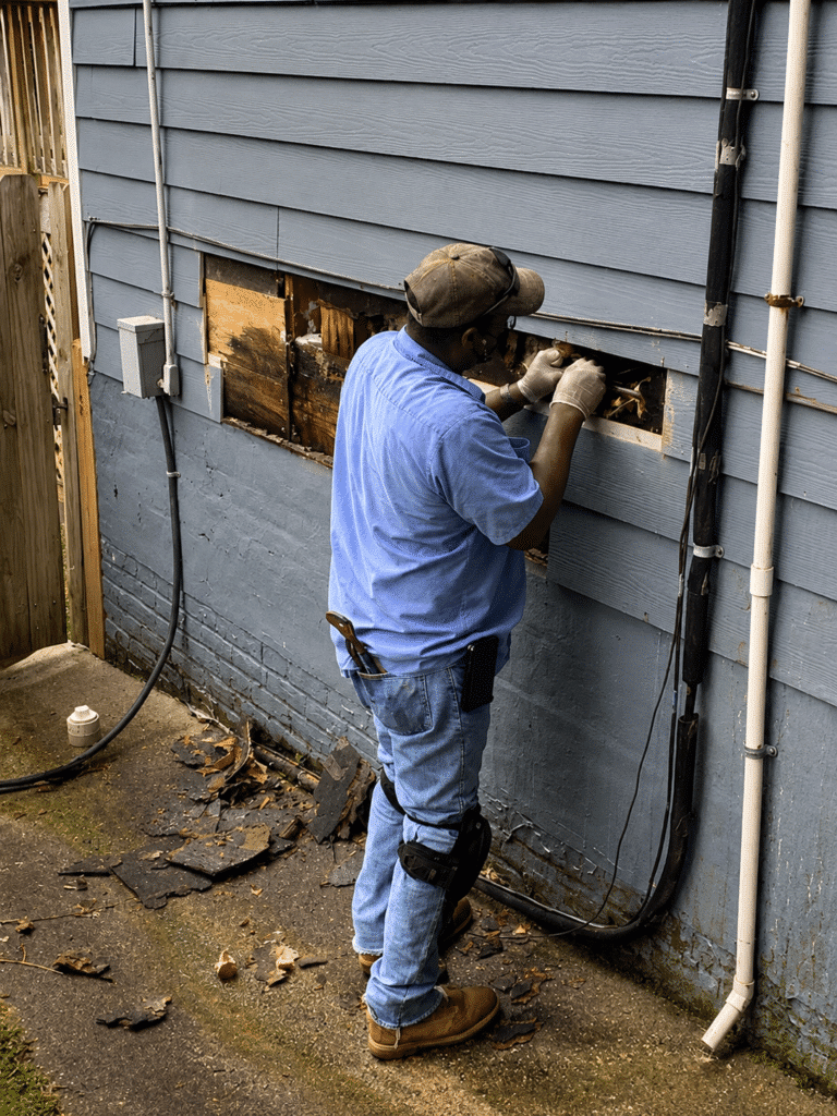 All Clear Plumbing technician repairing a leaking water pipe inside an exterior wall at a home in Mobile, Alabama.