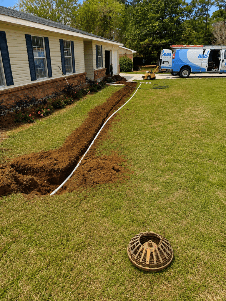 All Clear Plumbing replacing a residential underground water line at a home in Mobile, Alabama.